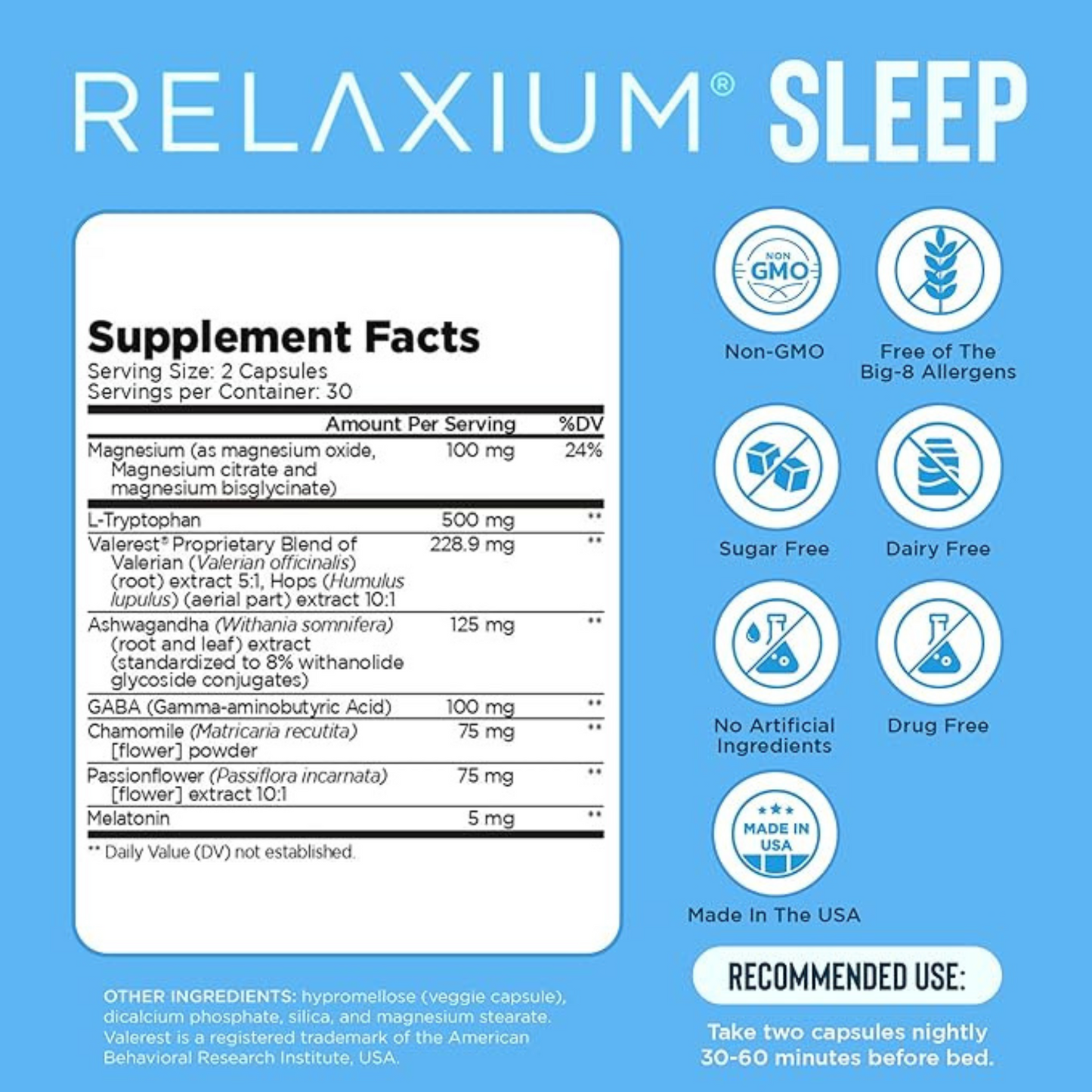 Relaxium® Sleep Aid for Adults – Non-Habit Forming Supplement with 5mg Melatonin, Magnesium Glycinate, Ashwagandha & Valerest® – Natural Sleep Support – 60 Capsules – 30-Day Supply
