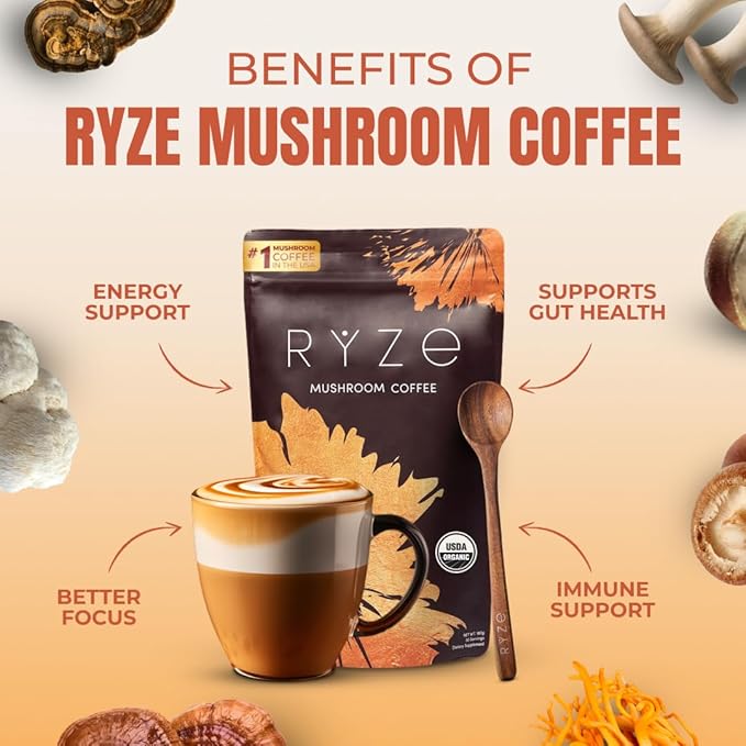 RYZE Mushroom Coffee – Organic instant coffee with mushrooms and MCT oil for energy, focus, and immunity. 30 servings.