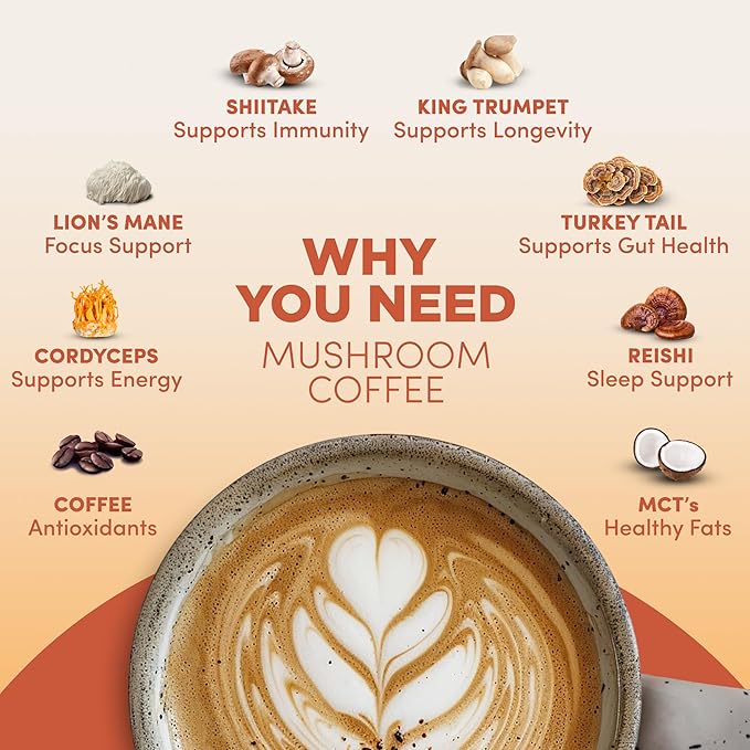 RYZE Mushroom Coffee – Organic instant coffee with mushrooms and MCT oil for energy, focus, and immunity. 30 servings.