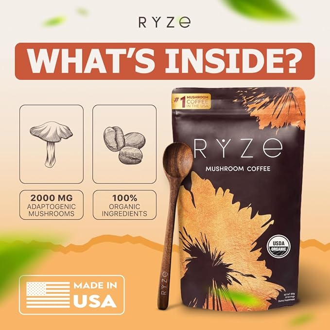 RYZE Mushroom Coffee – Organic instant coffee with mushrooms and MCT oil for energy, focus, and immunity. 30 servings.