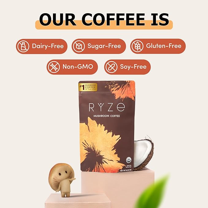 RYZE Mushroom Coffee – Organic instant coffee with mushrooms and MCT oil for energy, focus, and immunity. 30 servings.