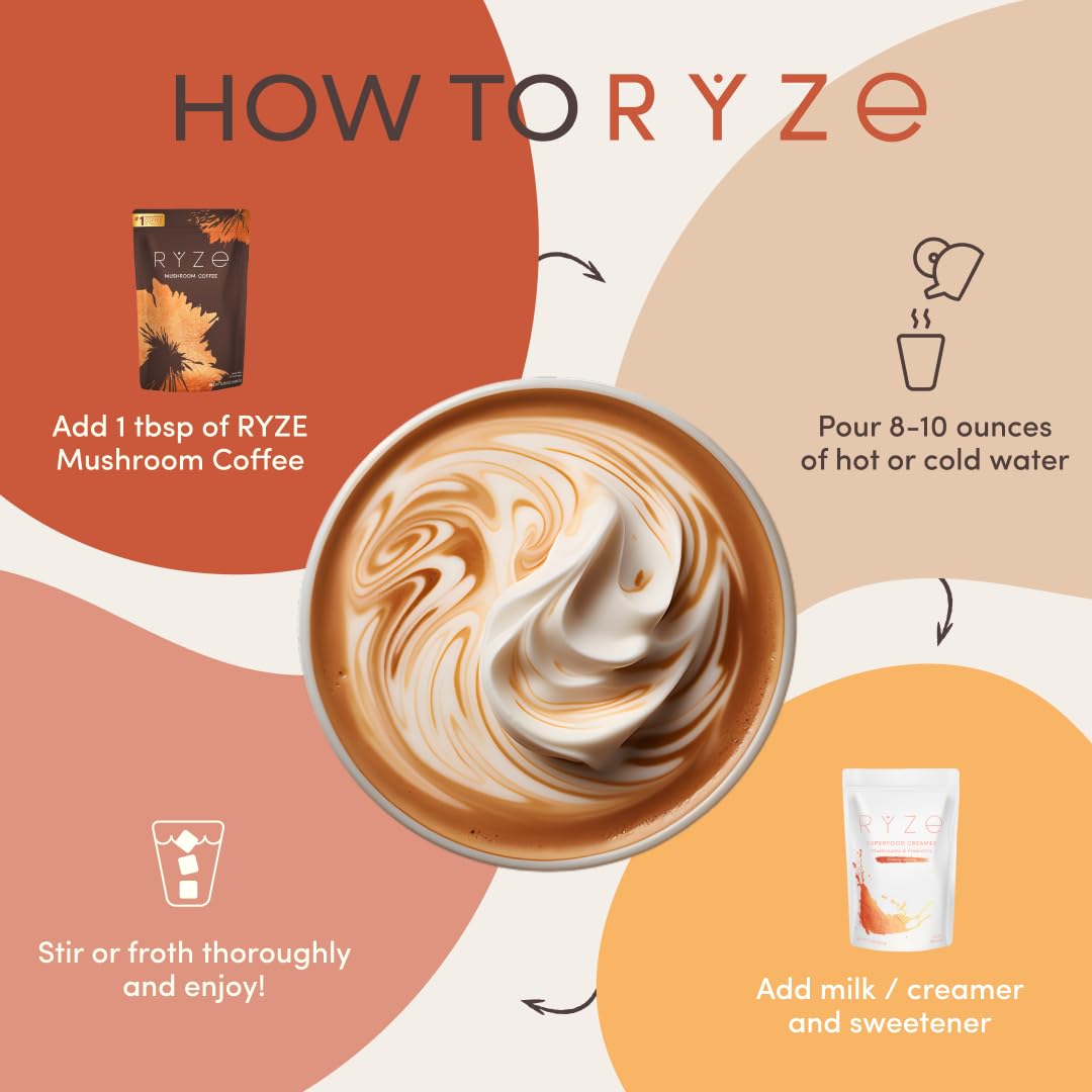 RYZE Mushroom Coffee – Organic instant coffee with mushrooms and MCT oil for energy, focus, and immunity. 30 servings.