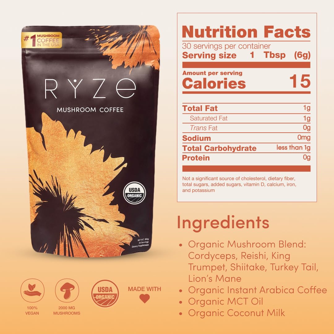 RYZE Mushroom Coffee – Organic instant coffee with mushrooms and MCT oil for energy, focus, and immunity. 30 servings.