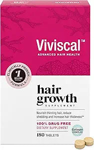 Viviscal Hair Growth Supplements for Women, Thicker Fuller Hair Support for Thinning Hair and Hair Loss, with Biotin and Marine Collagen, Drug-Free, 180 Tablets, 90-Day Supply