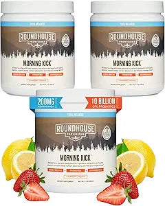 ROUNDHOUSE PROVISION Morning Kick, Zero Sugar Greens Superfood Powder Supplement with Ashwagandha, Collagen, Probiotics, Debloat Drink,