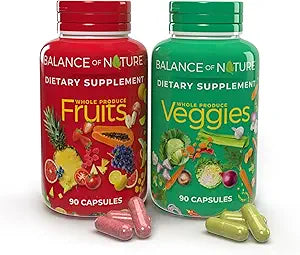 Balance of Nature Fruits and Veggies Supplements - Whole Fruit and Vegetable Ingredients for Women, Men, and Kids - 90 Fruit Capsules, 90 Veggie Capsules - 1 Set