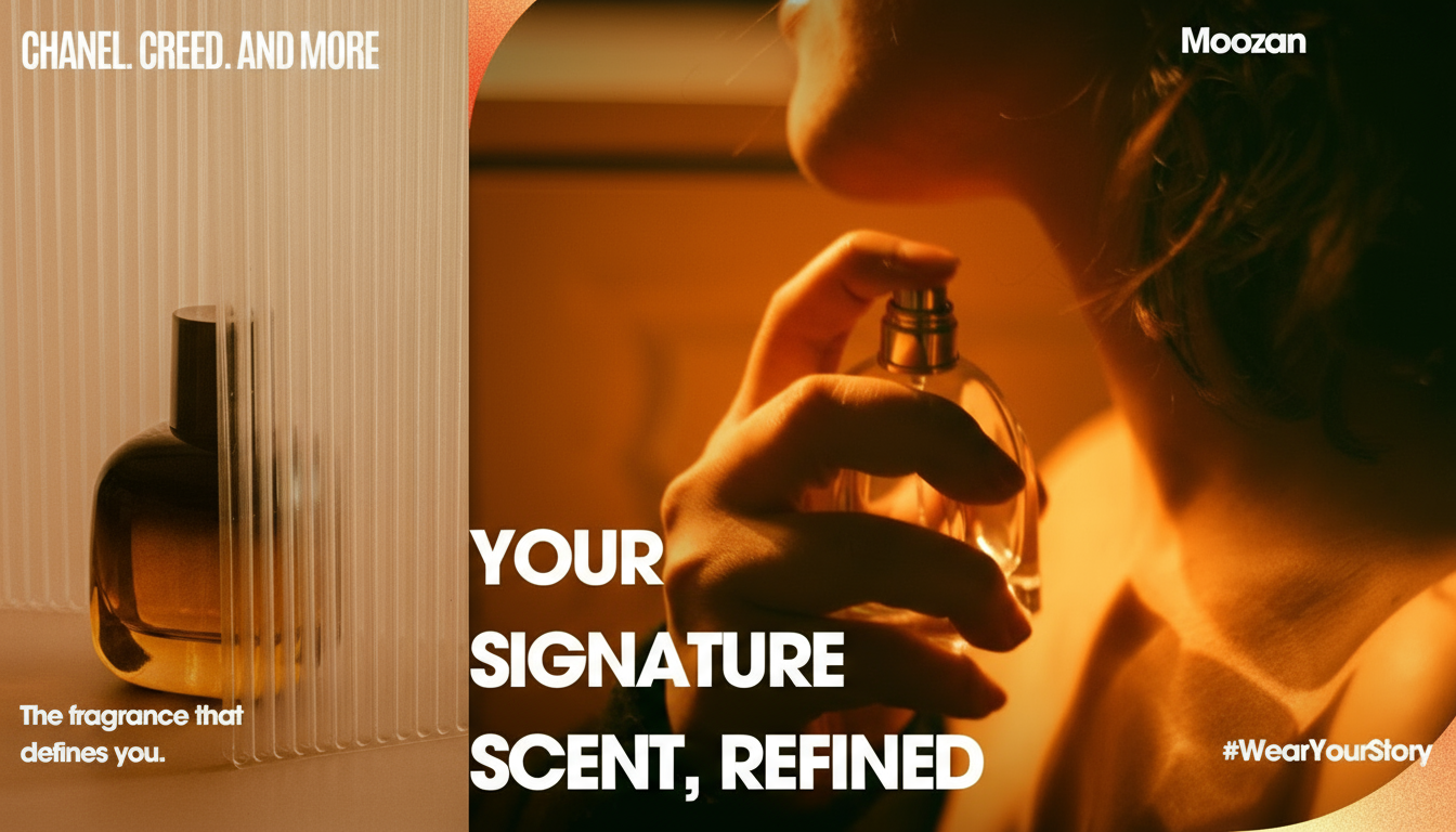 Person holding a perfume bottle with text about Chanel, Creed, and Moozan fragrances.