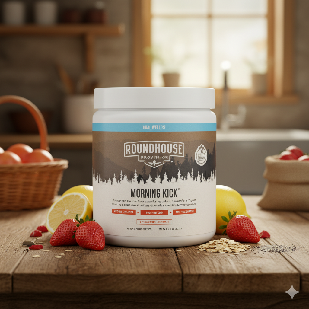 ROUNDHOUSE PROVISION Morning Kick, Zero Sugar Greens Superfood Powder Supplement with Ashwagandha, Collagen, Probiotics, Debloat Drink,