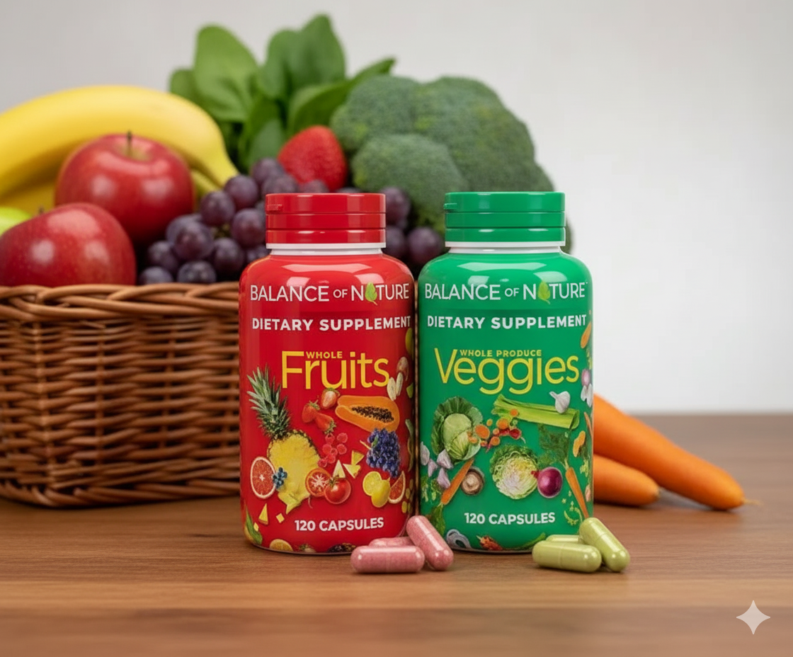 Balance of Nature Fruits and Veggies Supplements - Whole Fruit and Vegetable Ingredients for Women, Men, and Kids - 90 Fruit Capsules, 90 Veggie Capsules - 1 Set