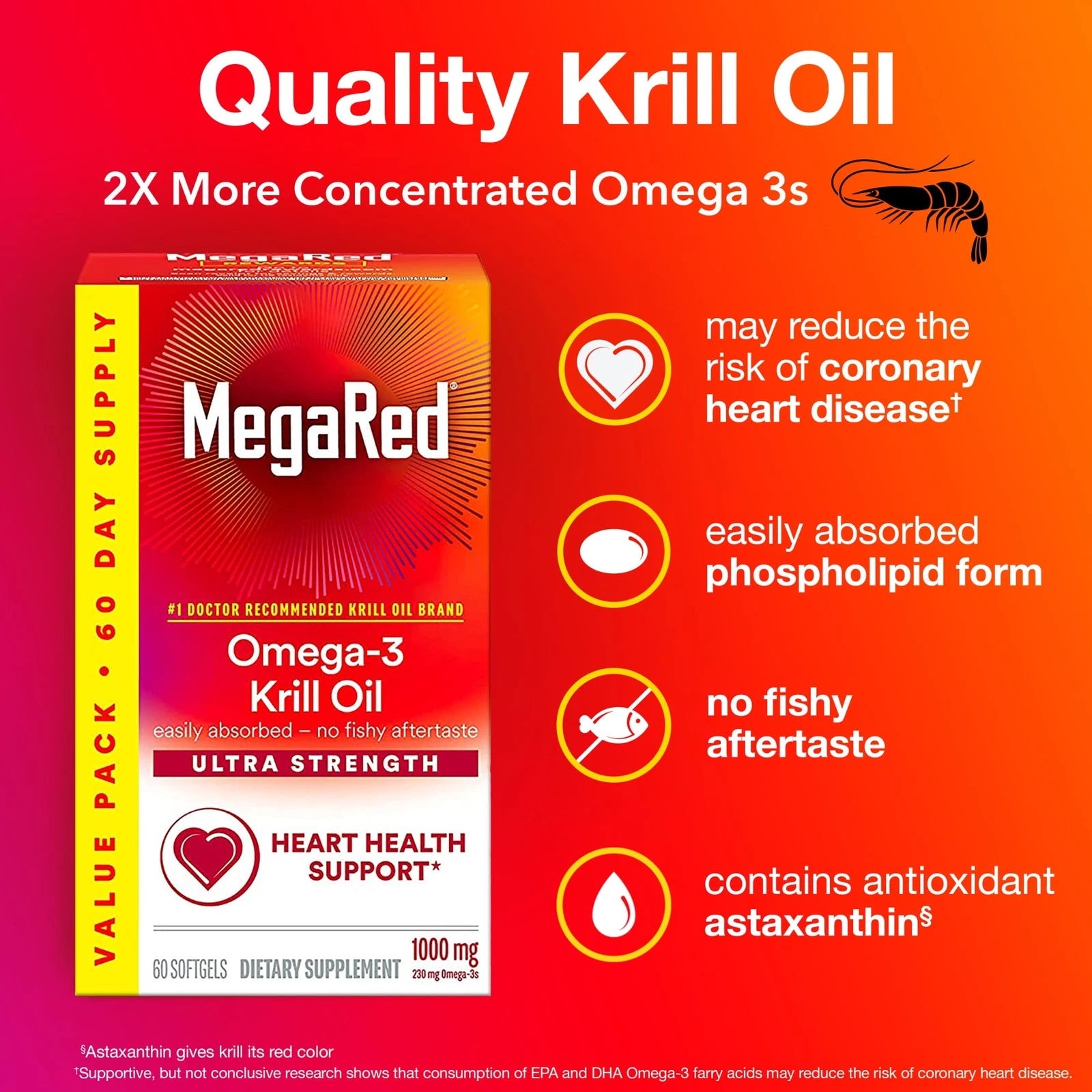 MegaRed Omega-3 Krill Oil for Heart Health, Ultra Strength, 1000 mg, 60 Softgels