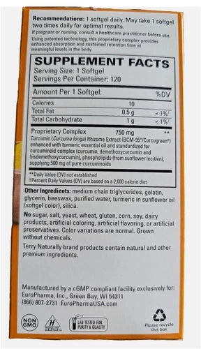 Terry Naturally CuraMed Curcumin 750mg, 120 Softgels FIGHT INFLAMMATION 10/2027