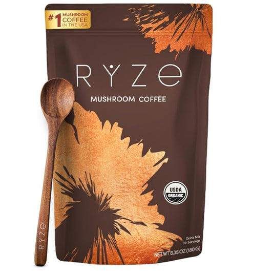 RYZE Mushroom Coffee – Organic instant coffee with mushrooms and MCT oil for energy, focus, and immunity. 30 servings.